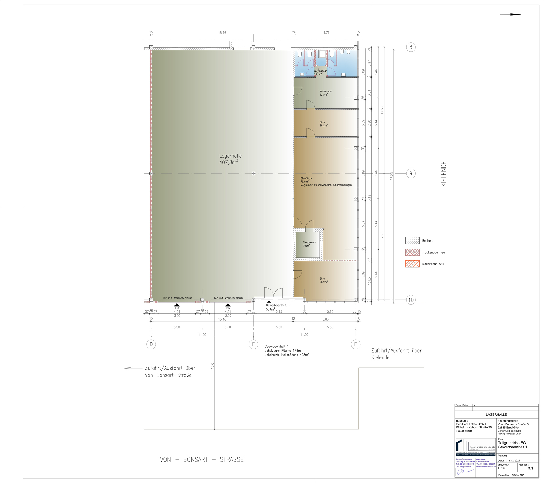 Grundriss der Gewerbeeinheit 1 mit Lagerhalle, Büroflächen und Sanitärbereichen in 22885 Barsbüttel