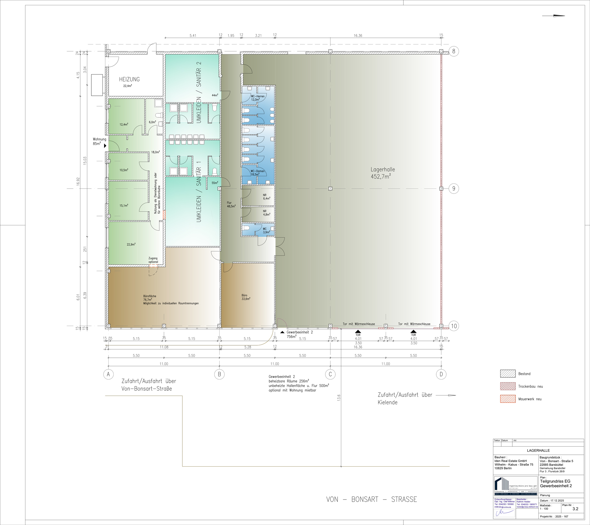 Grundriss der Gewerbeeinheit 2 mit großer Lagerhalle, Büroflächen, Sanitär- und Umkleideräumen in 22885 Barsbüttel